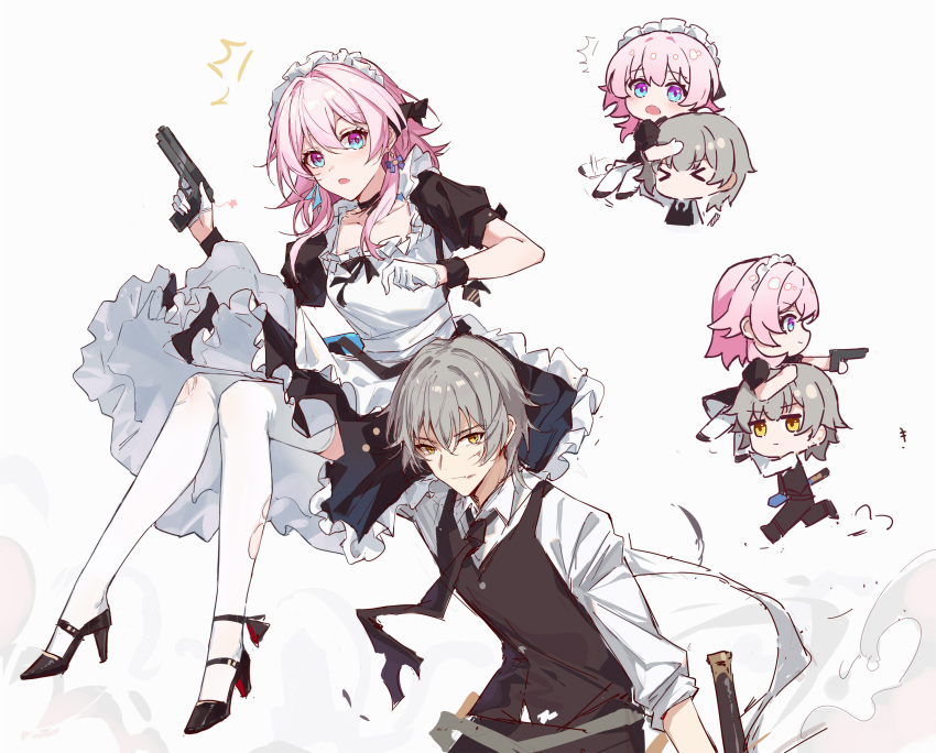 1boy 1girl alternate_costume apron black_dress black_footwear black_ribbon caelus_(honkai:_star_rail) carrying_over_shoulder chestnut_mouth chibi dress frilled_dress frills full_body gloves gun half_gloves high_heels highres holding holding_gun holding_weapon honkai:_star_rail honkai_(series) maid maid_apron maid_headdress march_7th_(honkai:_star_rail) medium_hair multicolored_eyes open_mouth pink_hair puffy_short_sleeves puffy_sleeves ribbon short_sleeves sidelocks sitting_on_shoulder thighhighs torn_clothes torn_thighhighs trailblazer_(honkai:_star_rail) weapon white_apron white_gloves white_thighhighs yajuu