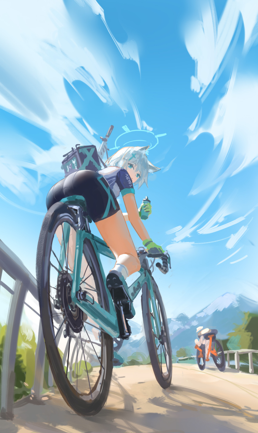1girl absurdres animal_ear_fluff animal_ears ass bicycle bike_jersey bike_shorts blue_archive blue_eyes blue_sky bottle breasts cloud cross_hair_ornament cycling_uniform day extra_ears from_behind gloves green_gloves grey_hair hair_ornament halo highres holding holding_bottle looking_at_viewer looking_back meinoss mountain official_alternate_costume outdoors riding riding_bicycle road_bicycle shiroko_(blue_archive) shiroko_(cycling)_(blue_archive) short_sleeves sky solo water_bottle wolf_ears