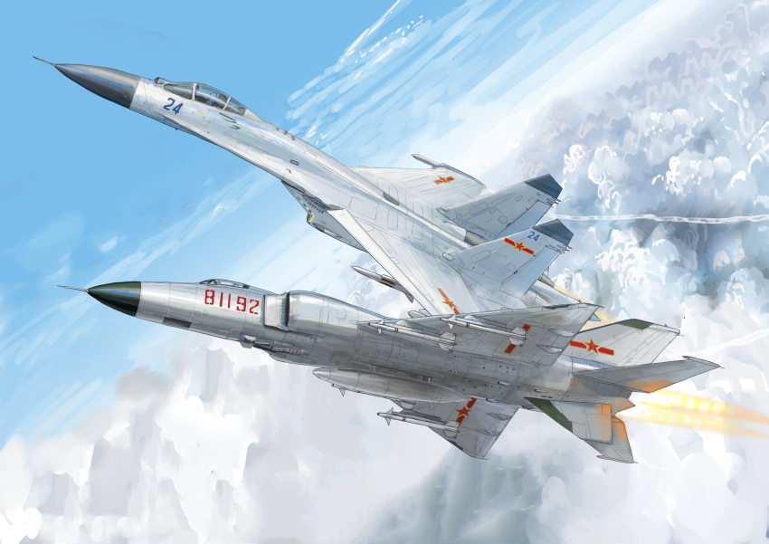 absurdres afterburner air-to-air_missile aircraft airplane centerline_fuel_tank cloud contrail fighter_jet highres j-11_plane j-8 jet military_vehicle mirroraptor missile people's_liberation_army people's_liberation_army_air_force pilot pl-9 r-77_adder red_star star_(symbol) vehicle_focus