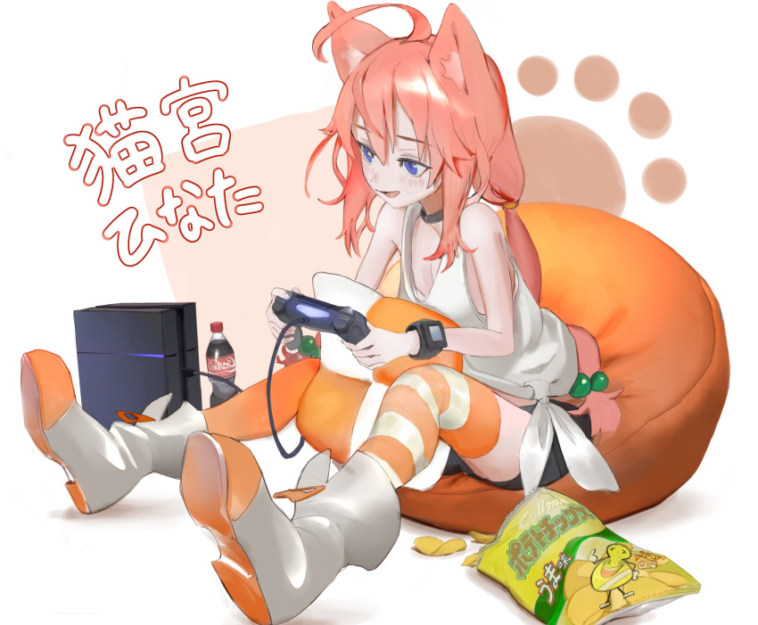 1girl animal_ears asymmetrical_legwear bean_bag_chair black_collar black_shorts blue_eyes blush boots breasts cat_ears cat_girl character_name chips_(food) coca-cola collar commentary controller dualshock food full_body game_console game_controller gamepad hair_bobbles hair_ornament half-closed_eyes highres hinata_channel holding holding_controller holding_game_controller kineshin leaning_forward long_hair looking_ahead loose_clothes loose_shirt low_twintails messy_hair nekomiya_hinata open_mouth orange_thighhighs outstretched_legs pink_hair playstation_4 playstation_controller potato_chips shirt short_shorts shorts sidelocks sitting small_breasts smile soda_bottle solo striped striped_thighhighs tank_top thighhighs tied_shirt twintails virtual_youtuber watch white_background white_tank_top wristwatch