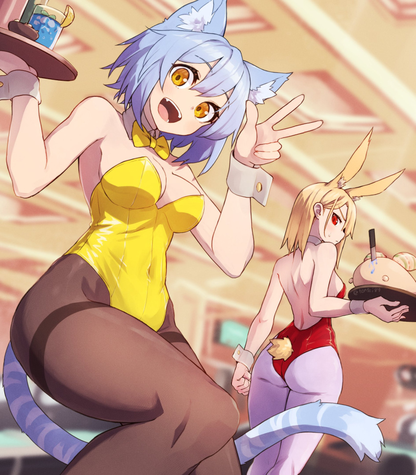 2girls :d animal_ears ass bare_shoulders blonde_hair blurry blurry_background bow bowtie breasts brown_eyes brown_pantyhose cat_ears cat_girl cat_tail collar commentary_request cup depth_of_field detached_collar drink drinking_glass feet_out_of_frame grey_hair grey_pantyhose hair_between_eyes hands_up highres holding holding_tray knife leotard medium_breasts multiple_girls original pantyhose rabbit_ears rabbit_girl rabbit_tail red_eyes red_leotard ryota_tentei smile strapless strapless_leotard striped_tail tail thighband_pantyhose tora_tentei tray v white_collar wing_collar wrist_cuffs yellow_bow yellow_bowtie yellow_leotard