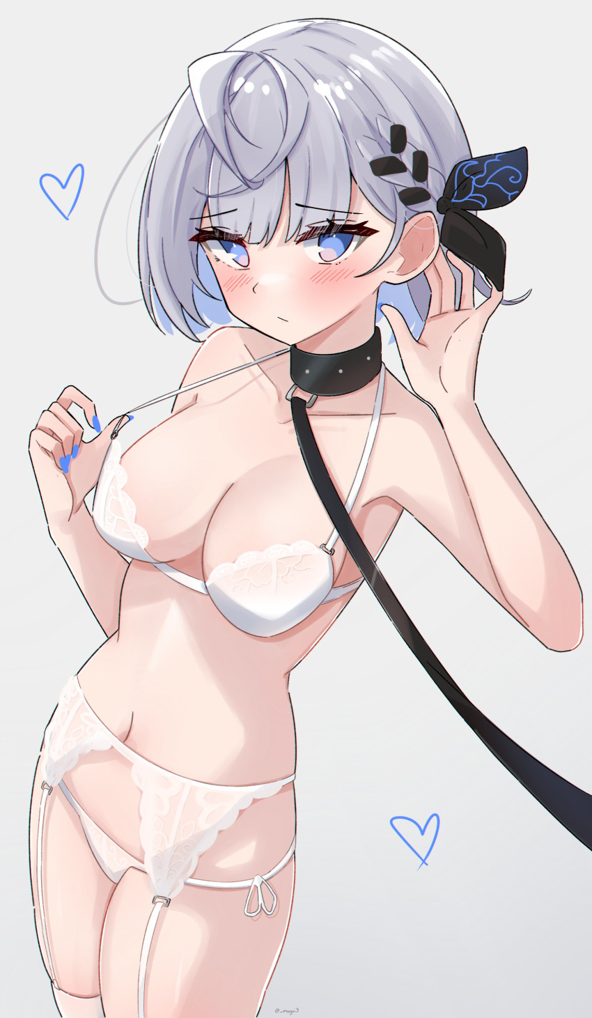 absurdres adjusting_hair black_choker blue_eyes blue_nails blush bow bra bra_pull braid breasts choker closed_mouth clothes_pull collarbone embarrassed english_commentary french_braid garter_belt garter_straps grey_background grey_hair hair_bow hand_up heart highres hololive hololive_indonesia leash looking_at_viewer magui3 medium_breasts medium_hair navel panties pov pulled_by_self simple_background strap_pull thighhighs underwear underwear_only vestia_zeta white_bra white_garter_belt white_garter_straps white_panties white_thighhighs