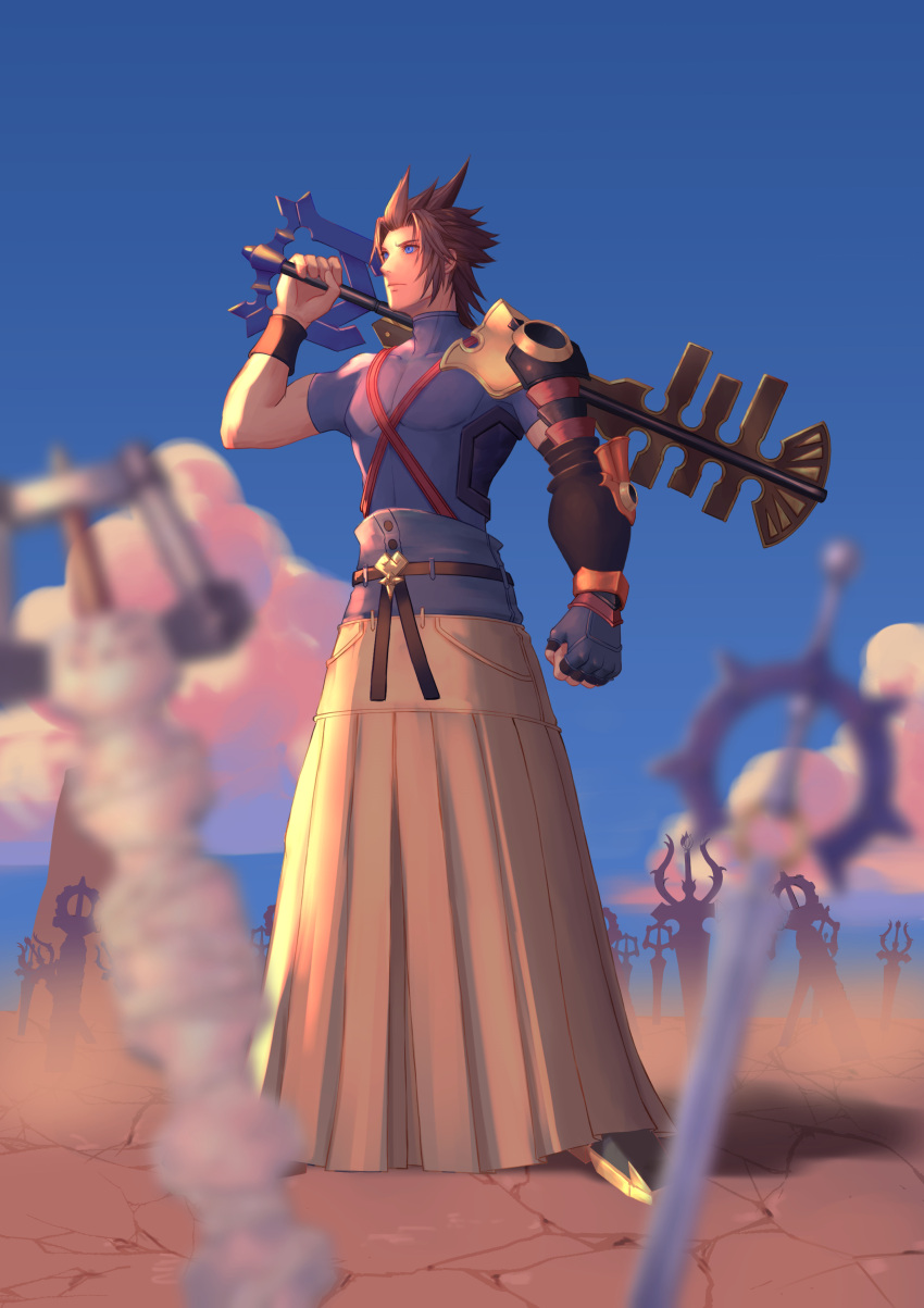 1boy absurdres armor blue_background blue_eyes blue_shirt blurry blurry_foreground brown_hair chest_strap clenched_hand fingerless_gloves full_body gloves grey_skirt hair_slicked_back highres holding holding_weapon keyblade kingdom_hearts kingdom_hearts_birth_by_sleep long_skirt male_focus medium_hair over_shoulder parted_bangs planted shirt short_sleeves shoulder_armor skirt solo standing terra_(kingdom_hearts) turtleneck weapon weapon_over_shoulder wristband yayokichi3