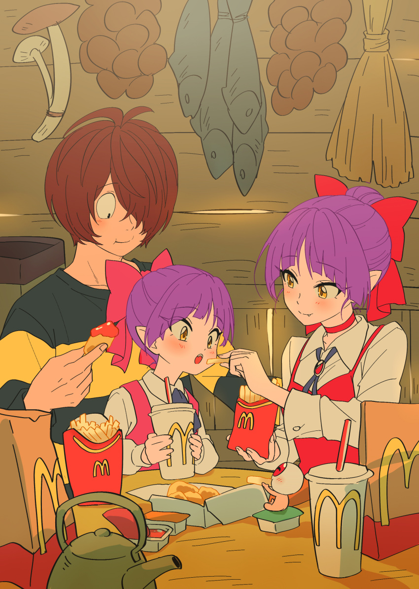 ._. 1boy 2girls absurdres blush bow brown_hair chicken_nuggets commentary_request derivative_work eating eyeball family fang father_and_daughter father_and_son feeding fish food french_fries gegege_no_kitarou hair_bow highres indoors kettle kitarou mcdonald's medama_oyaji mother_and_daughter multiple_girls mushroom nekomusume nekomusume_(gegege_no_kitarou_6) on_lap purple_hair short_hair silanduqiaocui sitting smile table yellow_eyes yoru_mac