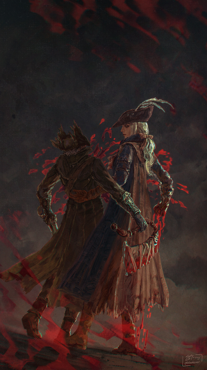 1girl absurdres ascot blonde_hair blood bloodborne bloodexer coat gloves hat hat_feather highres holding lady_maria_of_the_astral_clocktower long_hair ponytail rakuyo_(bloodborne) solo sword tricorne weapon white_hair