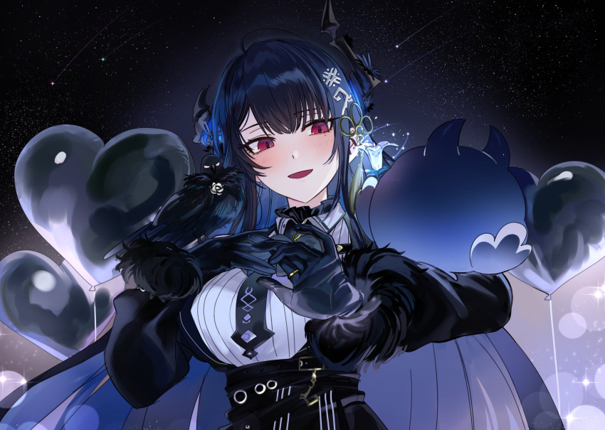 1girl ahoge balloon belt black_dress black_gloves black_hair black_necktie blue_hair choppy_bangs cropped_torso dress falling_star gloves hair_ornament highres hololive hololive_english jailbird_(nerissa_ravencroft) jewelry long_hair mole mole_under_eye multicolored_hair necktie nerissa_ravencroft night night_sky open_mouth red_eyes ring shadow_(nerissa_ravencroft) shirt sky slit_pupils star_(sky) starry_sky two-tone_hair white_shirt yomosaka