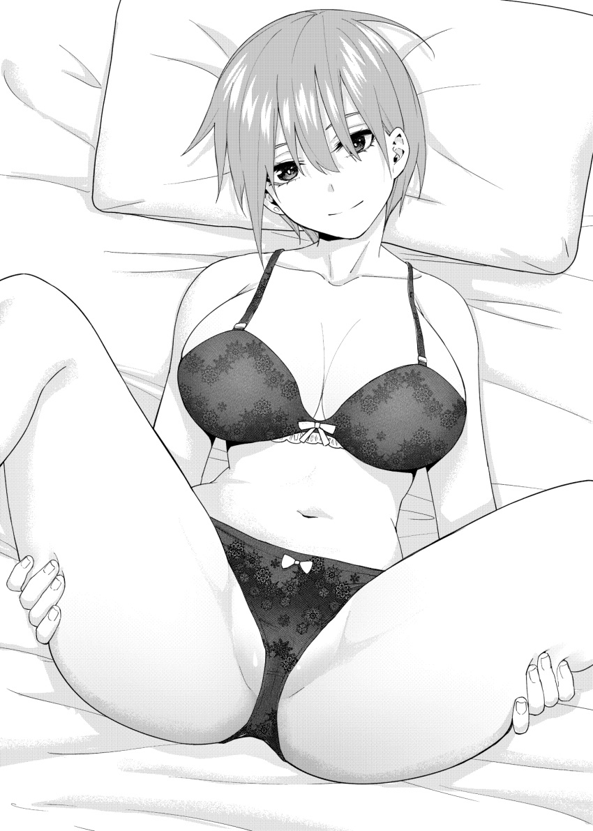 1girl bed_sheet bow bow_bra bow_panties bra breasts closed_mouth collarbone from_above go-toubun_no_hanayome greyscale groin hands_on_own_thighs highres kosmos_beta lace lace_bra lace_panties large_breasts looking_at_viewer lying monochrome nakano_ichika navel on_back panties pillow short_hair solo spread_legs thighs underwear underwear_only