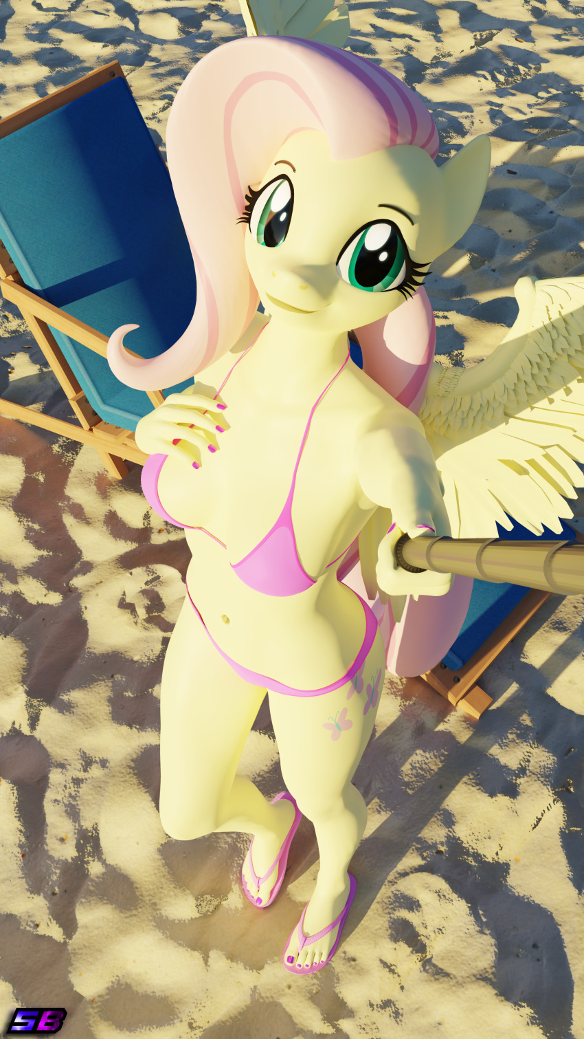 3d_(artwork) absurd_res anthro beach bikini clothing cutie_mark digital_media_(artwork) equid equine female flip_flops fluttershy_(mlp) footwear friendship_is_magic hasbro hi_res mammal my_little_pony pegasus sandals seaside selfie selfie_stick shadowboltsfm solo swimwear wings