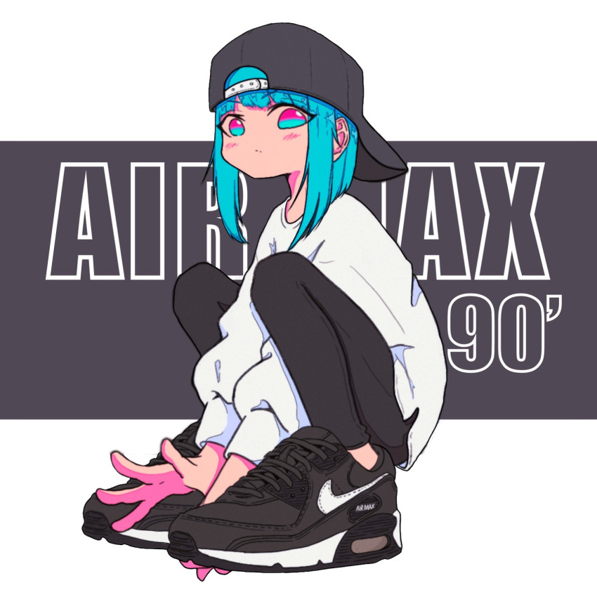 1girl air_max air_max_90 aqua_eyes aqua_hair arms_between_legs backwards_hat baseball_cap black_footwear black_leggings full_body grey_headwear hat highres leggings long_sleeves looking_at_viewer medium_hair nao97122 original pink_eyes product_placement shoes sneakers solo squatting streetwear sweater two-tone_eyes white_sweater