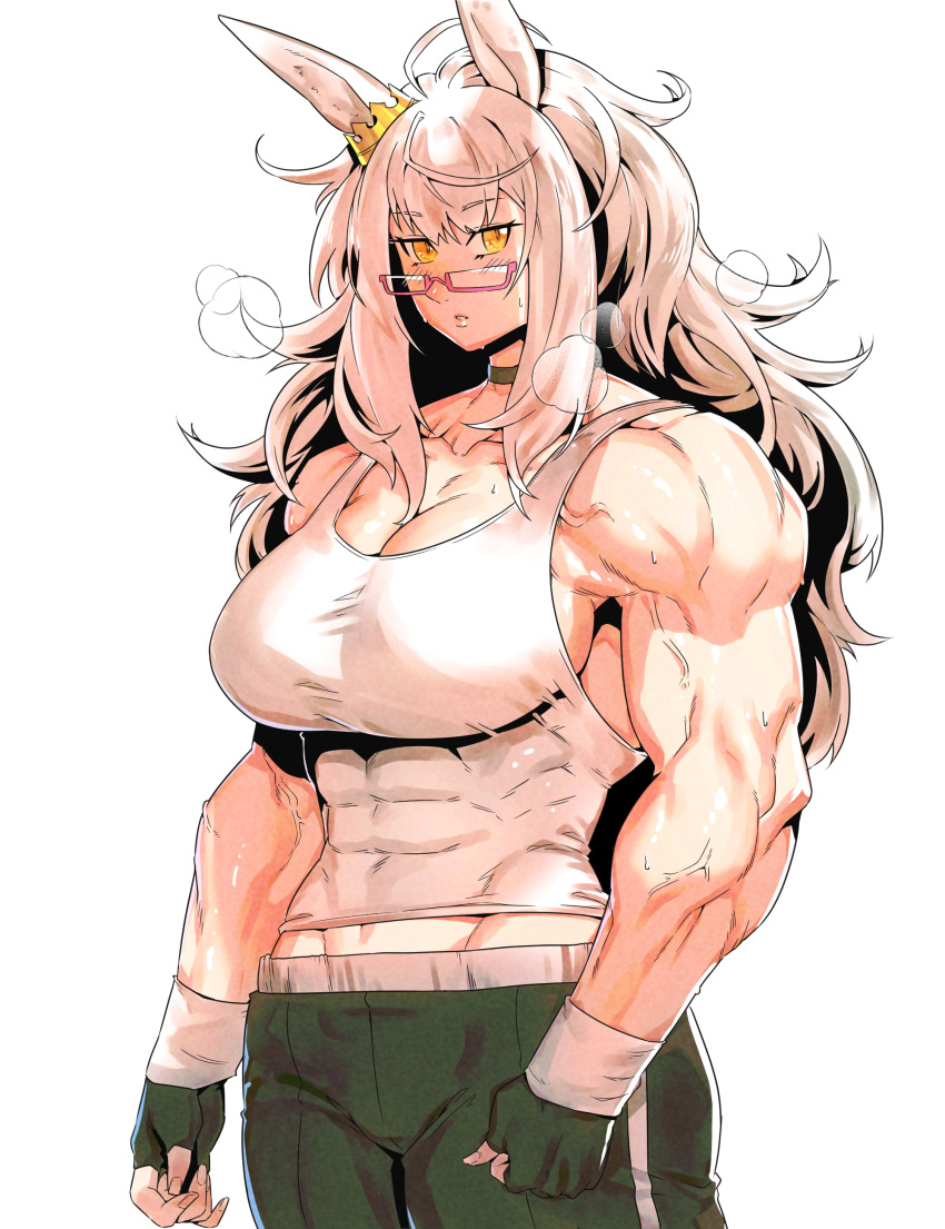 1girl abs absurdres biwa_hayahide_(umamusume) breasts choker clenched_hand gloves heavy_breathing highres horse_girl large_breasts long_hair looking_at_viewer minew muscular muscular_female semi-rimless_eyewear sideboob solo sweat tank_top umamusume under-rim_eyewear veins veiny_arms white_background white_hair yellow_eyes