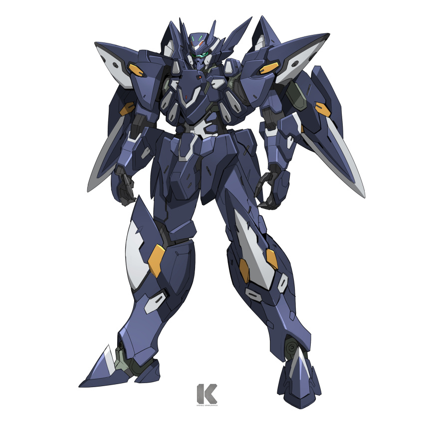 blue_eyes canis_(srw) english_commentary full_body highres kadej looking_ahead mecha no_humans open_hands redesign robot science_fiction super_robot_wars super_robot_wars_og_moon_dwellers super_robot_wars_original_generation white_background