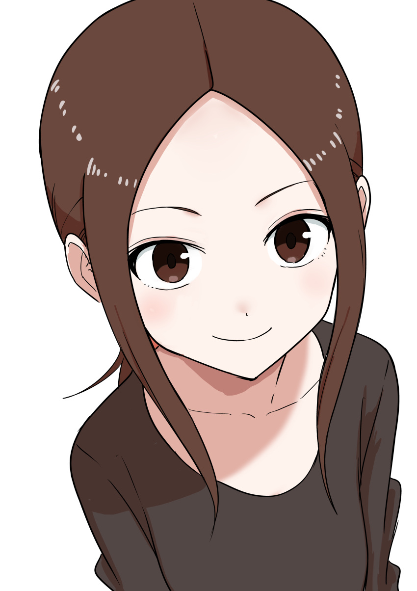 1girl absurdres blush brown_eyes brown_hair closed_mouth collarbone forehead highres inaba_mifumi karakai_jouzu_no_takagi-san long_hair looking_at_viewer shirt sidelocks simple_background smile solo takagi-san upper_body white_background