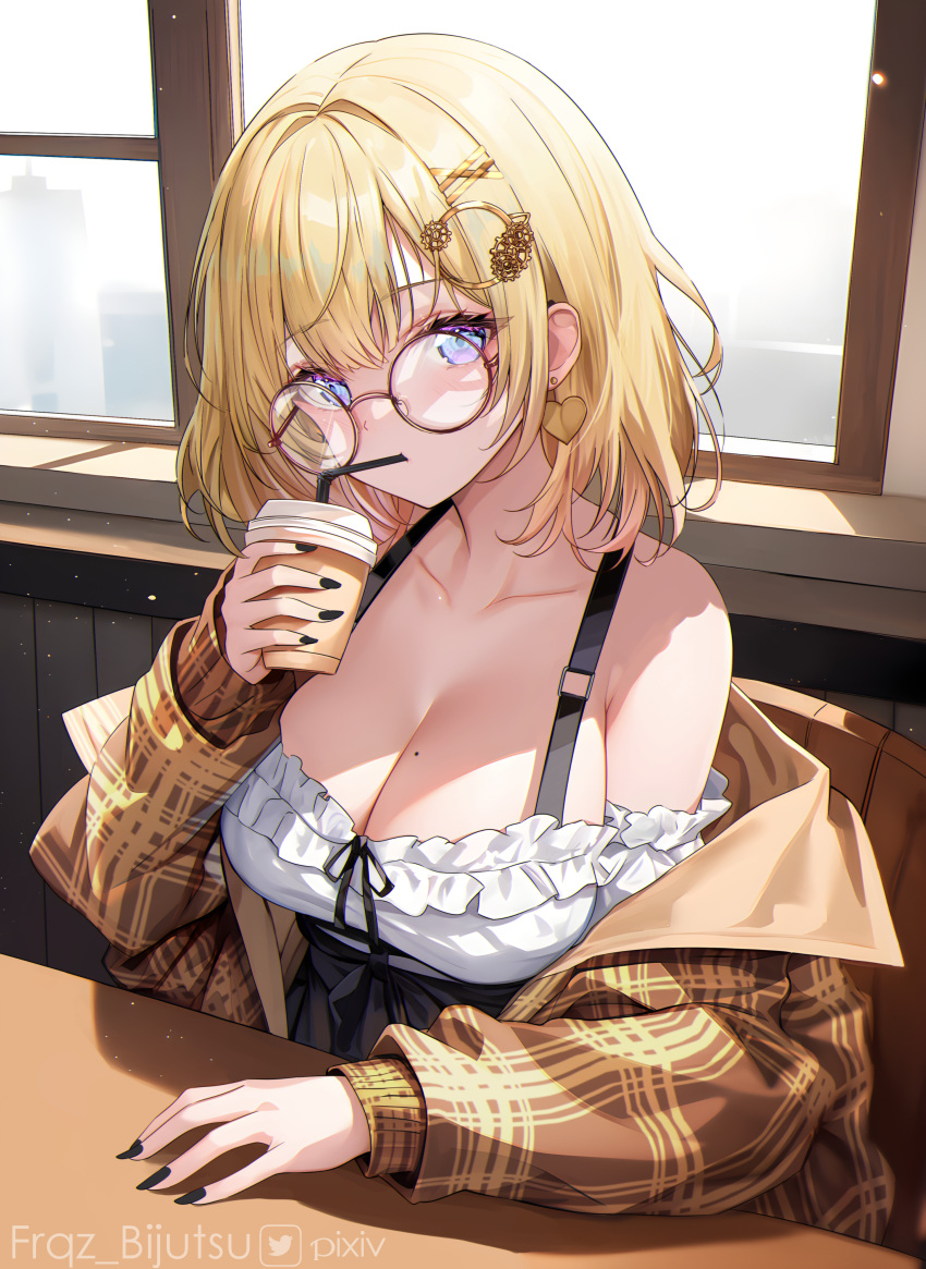 1girl absurdres armpit_crease artist_name averageartist bare_shoulders black-framed_eyewear black_nails black_skirt blonde_hair blue_eyes breasts brown_jacket cleavage collarbone cup disposable_cup drinking_straw drinking_straw_in_mouth earrings english_commentary frilled_shirt frills glasses hair_between_eyes hair_ornament hairpin heart heart_earrings high-waist_skirt highres holding holding_cup hololive hololive_english indoors jacket jewelry large_breasts light_particles light_rays long_sleeves looking_at_viewer mole mole_on_breast monocle nail_polish off-shoulder_shirt off_shoulder official_alternate_costume official_alternate_hairstyle open_clothes open_jacket plaid plaid_jacket puffy_long_sleeves puffy_sleeves round_eyewear shirt short_hair skirt solo sunbeam sunlight upper_body virtual_youtuber watermark watson_amelia watson_amelia_(2nd_costume) white_shirt