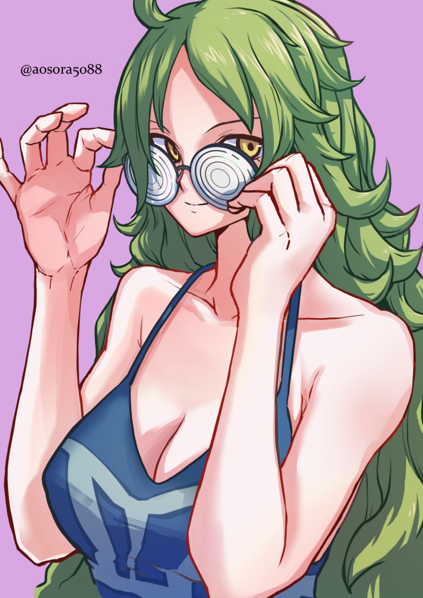 ahoge aosora2823 bare_shoulders blue_camisole breasts camisole cleavage coke-bottle_glasses collarbone eyewear_removed glasses green_hair highres holding holding_removed_eyewear looking_at_viewer medium_breasts messy_hair monet_(one_piece) one_piece pink_background simple_background smile twitter_username upper_body yellow_eyes