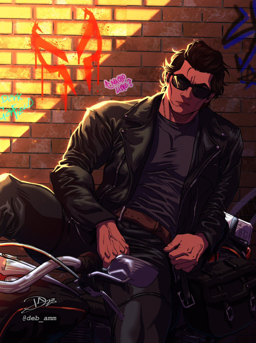 1boy bag bara belt black_bag black_jacket black_pants black_shirt brick_wall brown_belt brown_hair cheekbones cowboy_shot dark-skinned_male dark_skin debby-san graffiti highres jacket leather leather_jacket leather_pants looking_at_viewer male_focus marvel mature_male miguel_o'hara motor_vehicle motorcycle muscular muscular_male on_motorcycle open_clothes open_jacket pants pectorals scowl shirt sitting solo spider-man:_across_the_spider-verse spider-man_(series) spider-verse sunglasses tight_clothes tight_pants tight_shirt veins