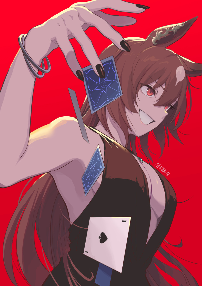 1girl ace_of_spades alternate_costume animal_ears armpits artist_name black_nails bracelet breasts brown_hair cleavage dress ear_covers falling_card fingernails hand_up highres horse_ears horse_girl jewelry large_breasts long_hair mukakin necklace red_background red_eyes single_ear_cover sirius_symboli_(umamusume) smile solo spade_(shape) teeth umamusume