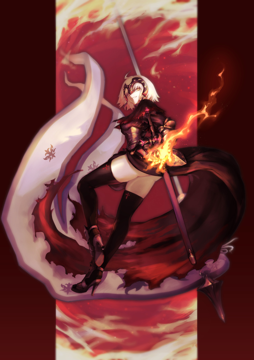 1girl absurdres ahoge armor armored_dress ass black_thighhighs cape fate/grand_order fate_(series) fire full_body fur-trimmed_cape fur_trim gauntlets grin headpiece high_heels highres jeanne_d'arc_alter_(avenger)_(fate) jeanne_d'arc_alter_(fate) kanbara_erika looking_at_viewer short_hair smile solo thighhighs white_hair yellow_eyes