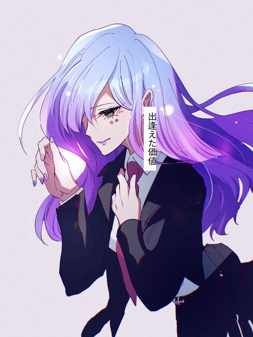 1girl absurdres blue_hair cerejeira_elron facial_tattoo fate/grand_order fate_(series) gradient_hair green_eyes highres jyaihima light_smile long_hair multicolored_hair nail_polish necktie one_eye_covered purple_hair purple_lips purple_nails red_necktie simple_background solo star_(symbol) tattoo upper_body