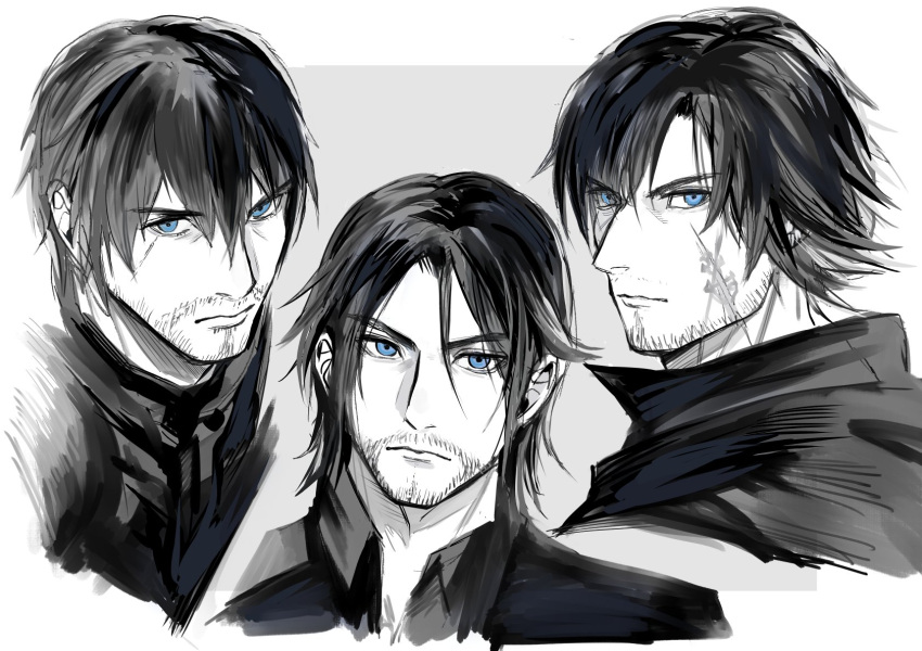 3boys ardbert_(ff14) black_hair black_jacket black_shirt blue_eyes border chinstrap_beard clive_rosfield collared_shirt facial_hair final_fantasy final_fantasy_xiv final_fantasy_xv final_fantasy_xvi goatee grey_background hair_between_eyes highres jacket jjn_ff7 looking_at_viewer male_focus medium_hair multiple_boys noctis_lucis_caelum parted_bangs portrait scar scar_on_face shirt short_hair spot_color trait_connection white_border