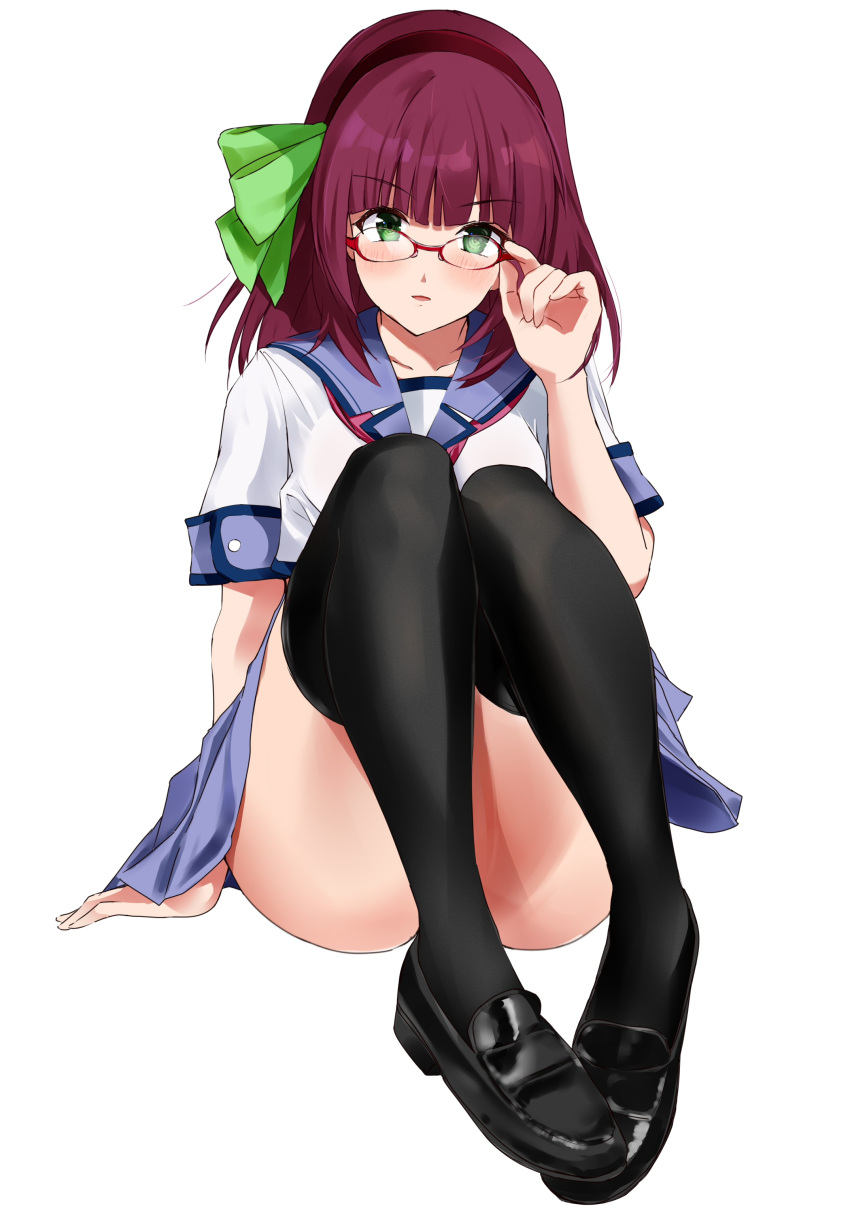 1girl absurdres adjusting_eyewear angel_beats! black_footwear black_hairband black_thighhighs blue_sailor_collar blue_skirt blunt_bangs blush bow commentary_request convenient_leg foreshortening full_body glasses green_bow green_eyes hair_bow hairband hand_up highres legs legs_together loafers looking_at_viewer medium_hair miniskirt nakamura_yuri parted_lips pleated_skirt purple_eyes red-framed_eyewear sailor_collar shinda_sekai_sensen_uniform shirt shoes short_sleeves sitting skirt smile solo straight-on straight_hair thighhighs thighs white_shirt zenoo zettai_ryouiki