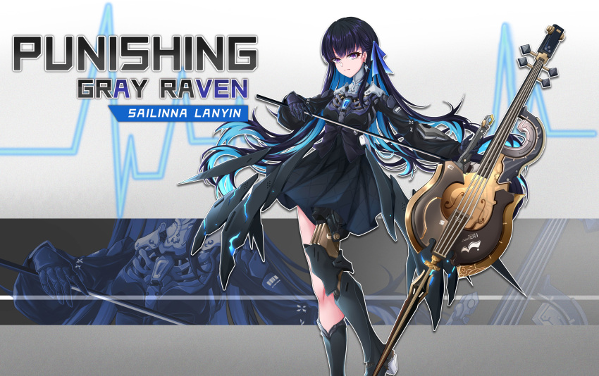 1girl absurdres black_dress black_hair blue_hair blue_ribbon character_name colored_inner_hair copyright_name dress earrings hair_ribbon highres holding holding_bow_(music) holding_instrument instrument jewelry long_hair long_sleeves mechanical_arms mechanical_legs miying_(13975192760) multicolored_hair punishing:_gray_raven purple_eyes ribbon selena:_tempest_(punishing:_gray_raven) selena_(punishing:_gray_raven) single_mechanical_leg