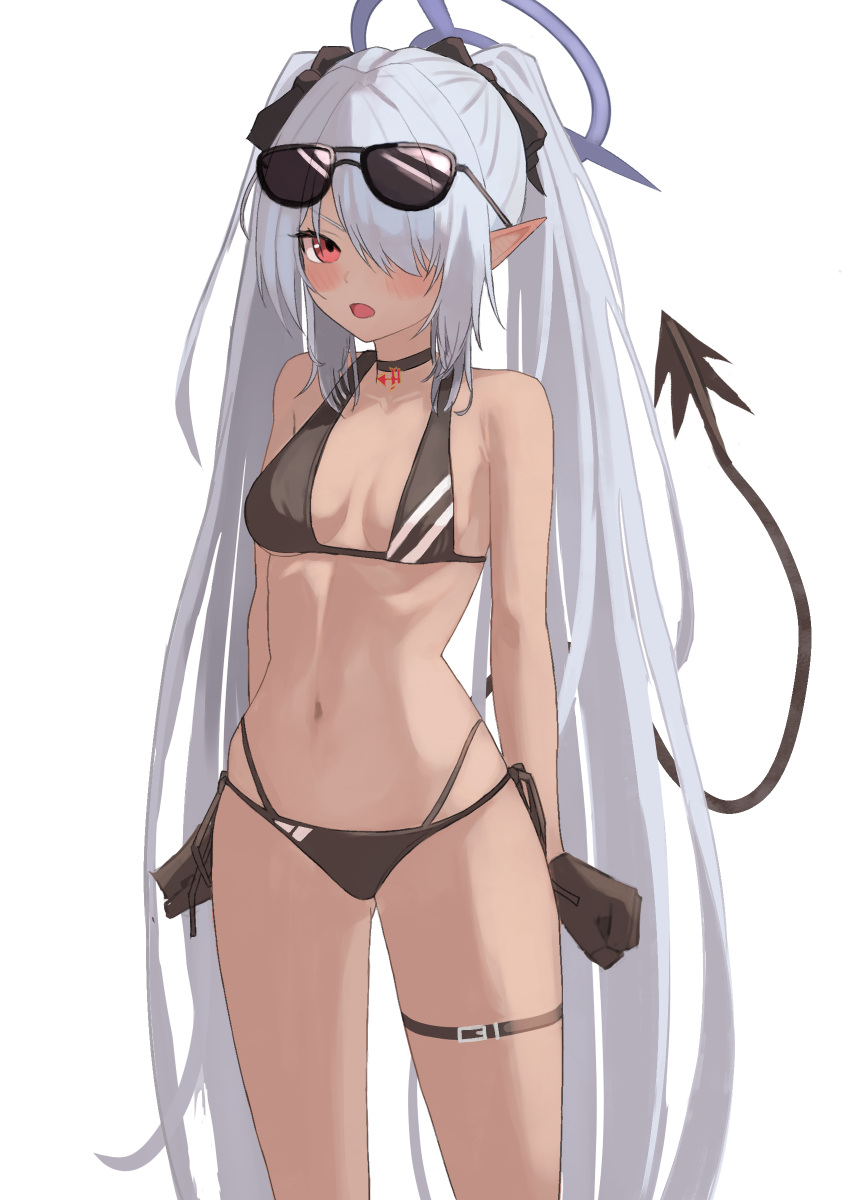 1girl absurdres belt bikini black_bikini black_choker black_gloves black_ribbon blue_archive blue_halo blush breasts choker clenched_hands commentary_request cowboy_shot dark-skinned_female dark_skin demon_tail eyewear_on_head gloves grey_hair hair_over_one_eye hair_ribbon halo highres iori_(blue_archive) iori_(swimsuit)_(blue_archive) itsufumi long_hair looking_at_viewer multi-strapped_bikini official_alternate_costume one_eye_covered open_mouth pointy_ears red_eyes ribbon side-tie_bikini_bottom simple_background small_breasts solo standing string_bikini sunglasses swimsuit tail thigh_belt thigh_strap twintails very_long_hair white_background