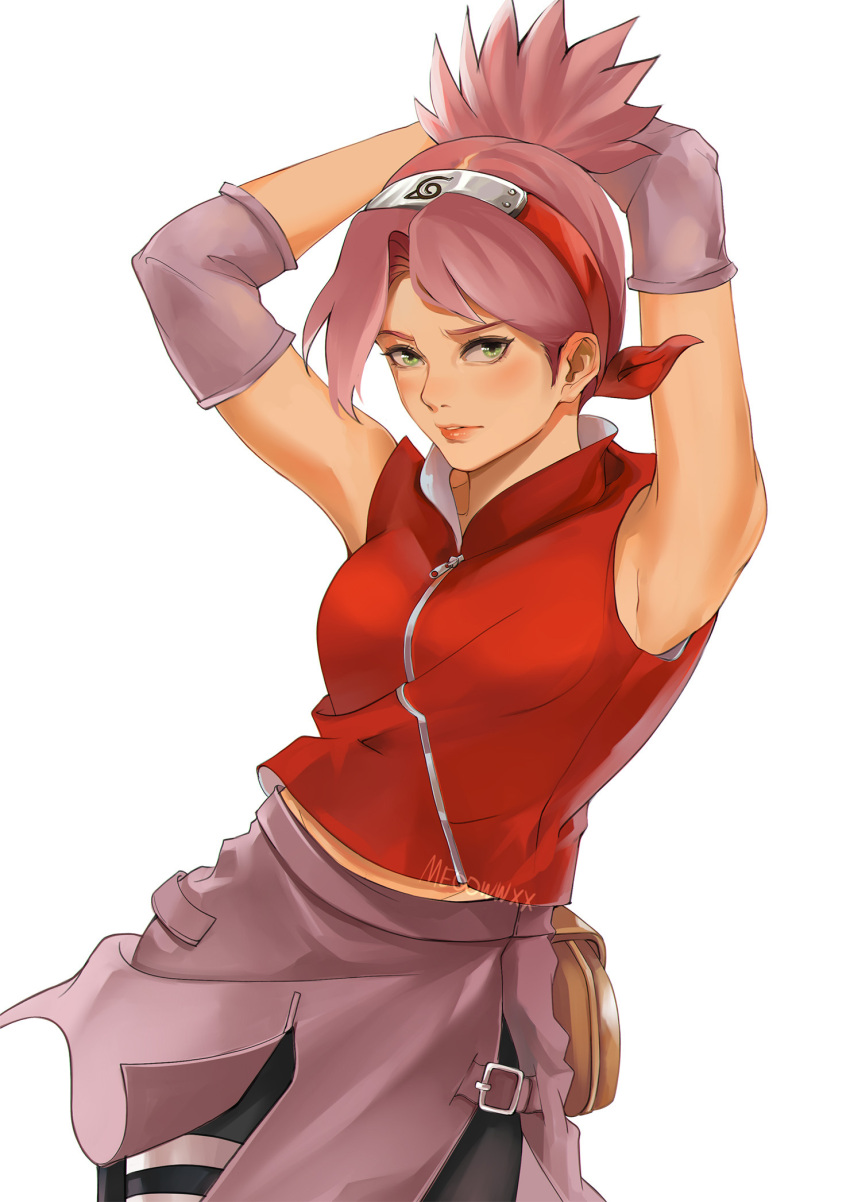 armband armpits arms_up bare_shoulders clothes_around_waist commentary english_commentary green_eyes hairband haruno_sakura highres looking_at_viewer meoowwxx naruto naruto_(series) naruto_shippuuden parted_lips pink_armband pink_hair red_shirt shirt simple_background sleeveless sleeveless_shirt white_background