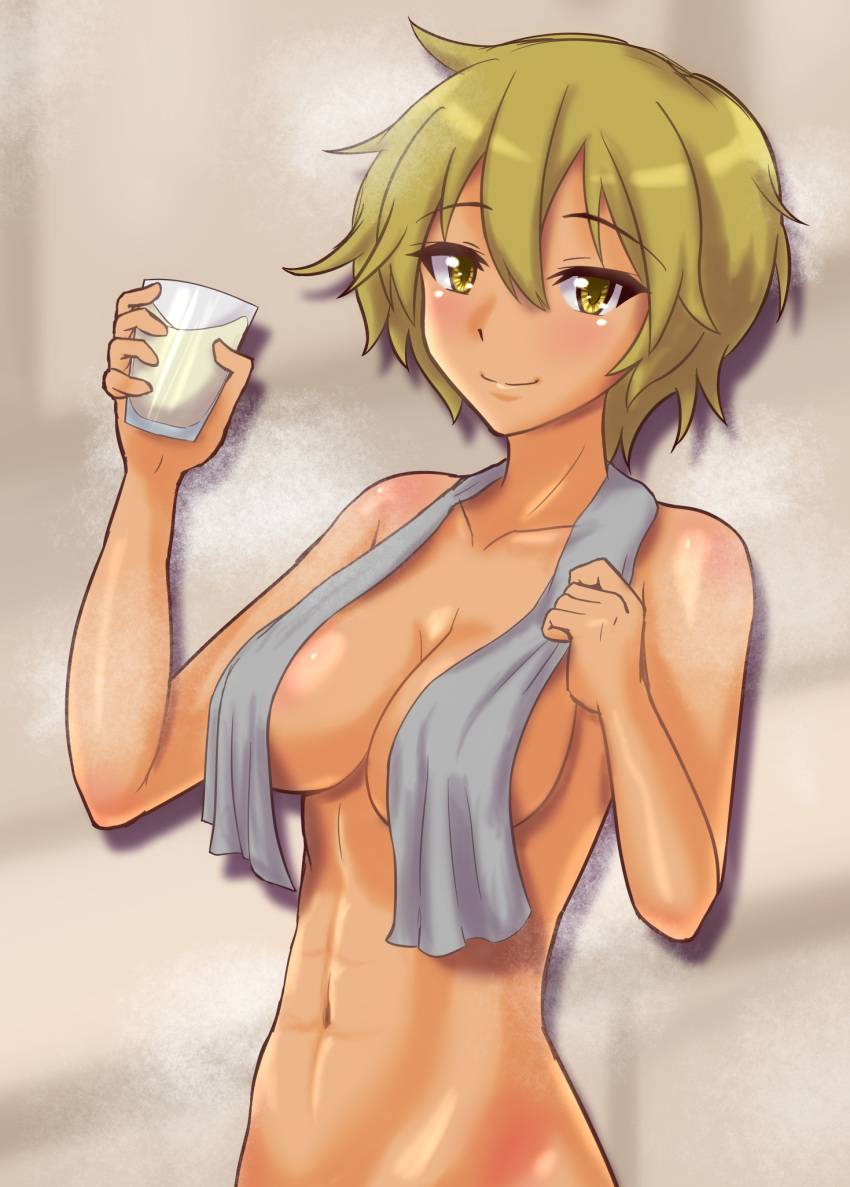 1girl blonde_hair blush brave_witches breasts closed_mouth collarbone convenient_censoring cup degtyarev glass highres holding holding_cup large_breasts looking_at_viewer milk muscular muscular_female navel nude short_hair smile solo tomboy towel upper_body waltrud_krupinski world_witches_series yellow_eyes