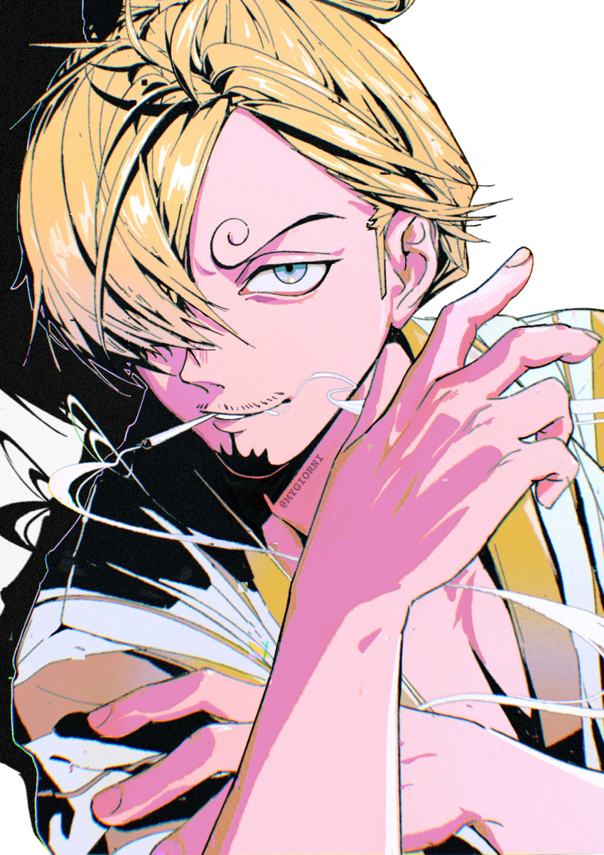 1boy artist_name blonde_hair cigarette commentary curly_eyebrows facial_hair goatee hair_over_one_eye highres japanese_clothes looking_at_viewer male_focus mygiorni one_eye_covered one_piece sanji_(one_piece) short_hair short_sleeves smile smoke solo teeth traditional_clothes