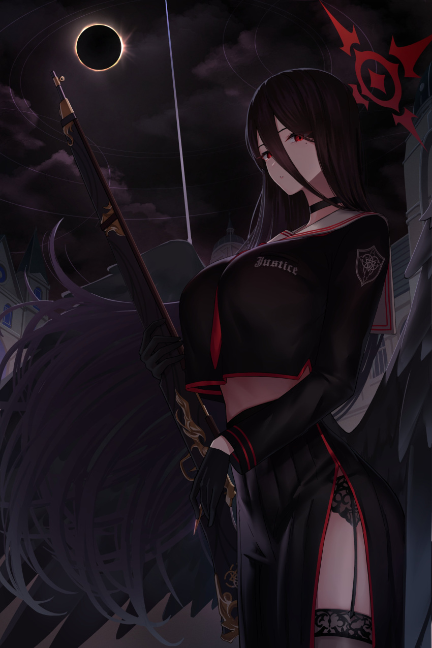 absurdres black_choker black_hair black_shirt black_wings blue_archive breasts choker cloud cloudy_sky crop_top crop_top_overhang eclipse feathered_wings garter_straps hair_between_breasts halo hasumi_(blue_archive) highres huge_breasts large_wings long_hair long_skirt low_wings m1917_enfield mole mole_under_eye onuj2$ shirt side_slit skirt sky solar_eclipse wings