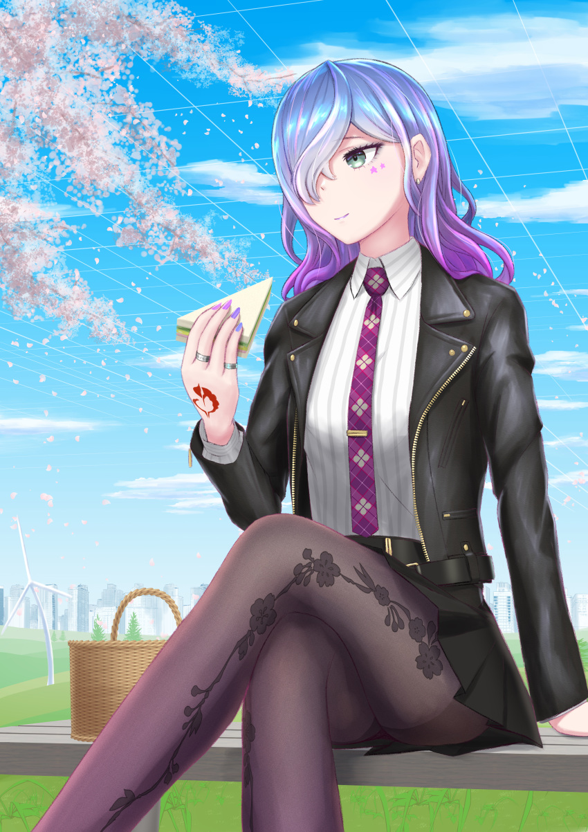 1girl absurdres artist_request breasts cerejeira_elron cherry_blossoms fate/grand_order fate_(series) food green_eyes highres jewelry large_breasts long_hair looking_to_the_side multicolored_hair necktie pantyhose purple_nails purple_necktie ring sandwich smile