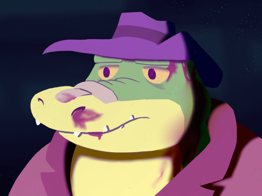 2021 4:3 alligator alligatorid anthro blood bodily_fluids brok_(character) brok_the_investigator clothing crocodilian green_body hat headgear headwear hi_res lentum portrait reptile sad scalie solo