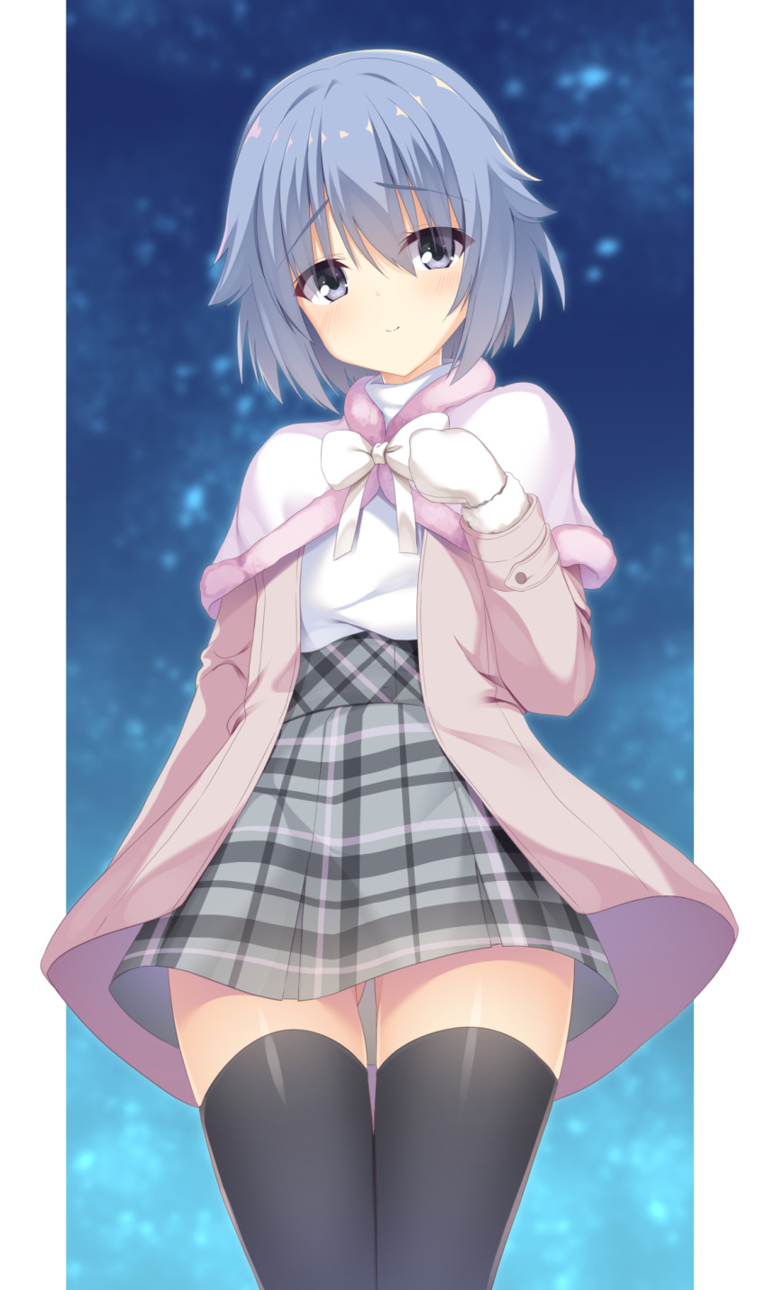 1boy aria. ass_visible_through_thighs black_thighhighs blue_background blue_hair blush bow capelet casual closed_mouth coat commentary cowboy_shot double-parted_bangs fur-trimmed_capelet fur_trim furrowed_brow gloves grey_eyes grey_skirt hair_between_eyes highres long_sleeves looking_at_viewer miniskirt otoko_no_ko pink_coat plaid plaid_skirt riddle_joker shirt short_hair simple_background skirt smile snowing standing suou_kyouhei thigh_gap thighhighs thighs white_bow white_capelet white_gloves white_shirt winter zettai_ryouiki