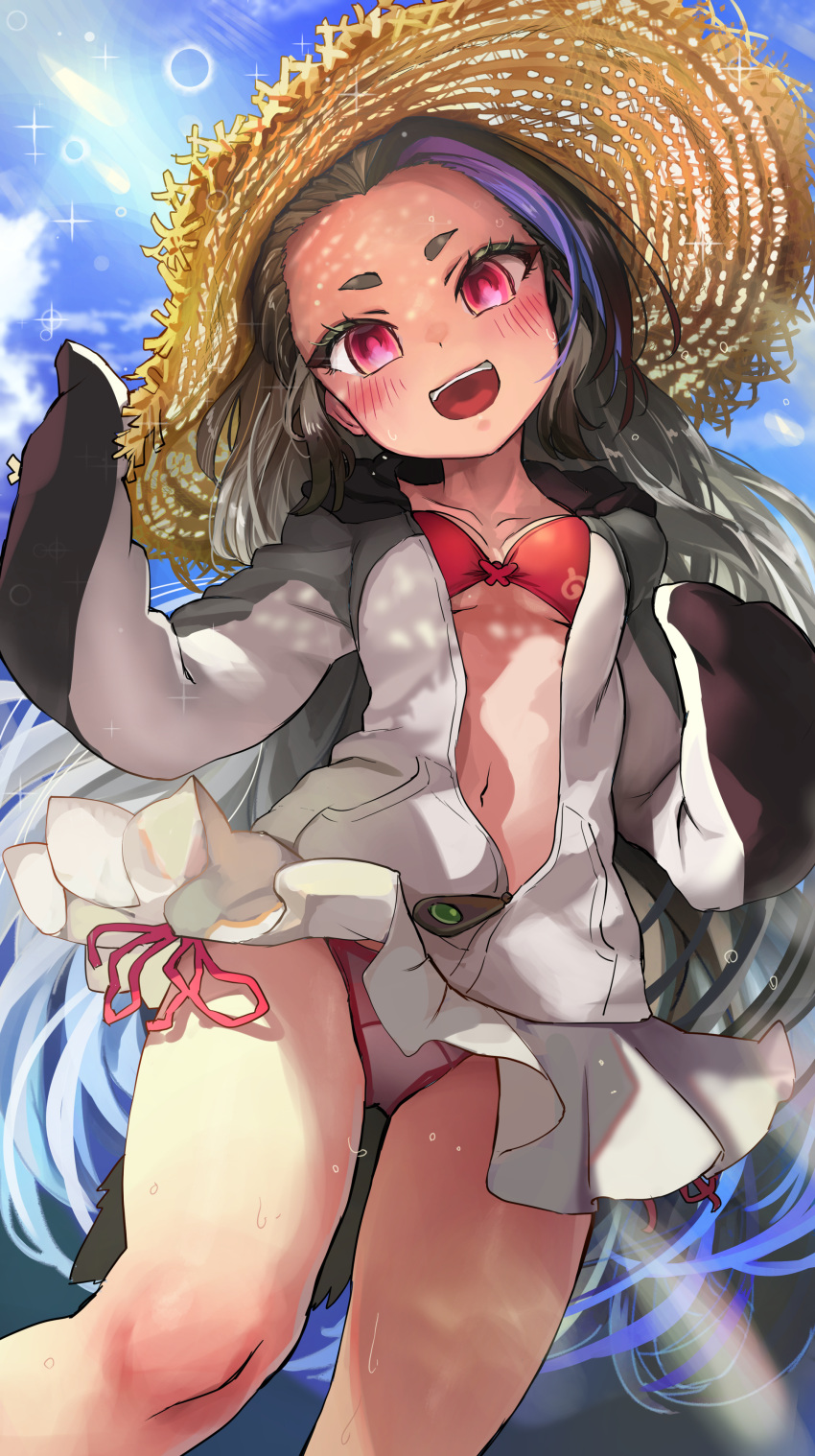 1girl :d absurdres bare_legs bikini bikini_under_clothes bird_tail black_hair blue_sky blush breasts cloud collarbone commentary commission dot_nose forehead giant_penguin_(kemono_friends) grey_hair hat head_tilt highres jacket kemono_friends long_hair looking_at_viewer medium_breasts melaton multicolored_hair navel open_clothes open_jacket open_mouth partially_unzipped purple_hair red_eyes side-tie_bikini_bottom skeb_commission skirt sky smile solo straw_hat streaked_hair swimsuit tail teeth upper_teeth_only white_skirt zipper_pull_tab