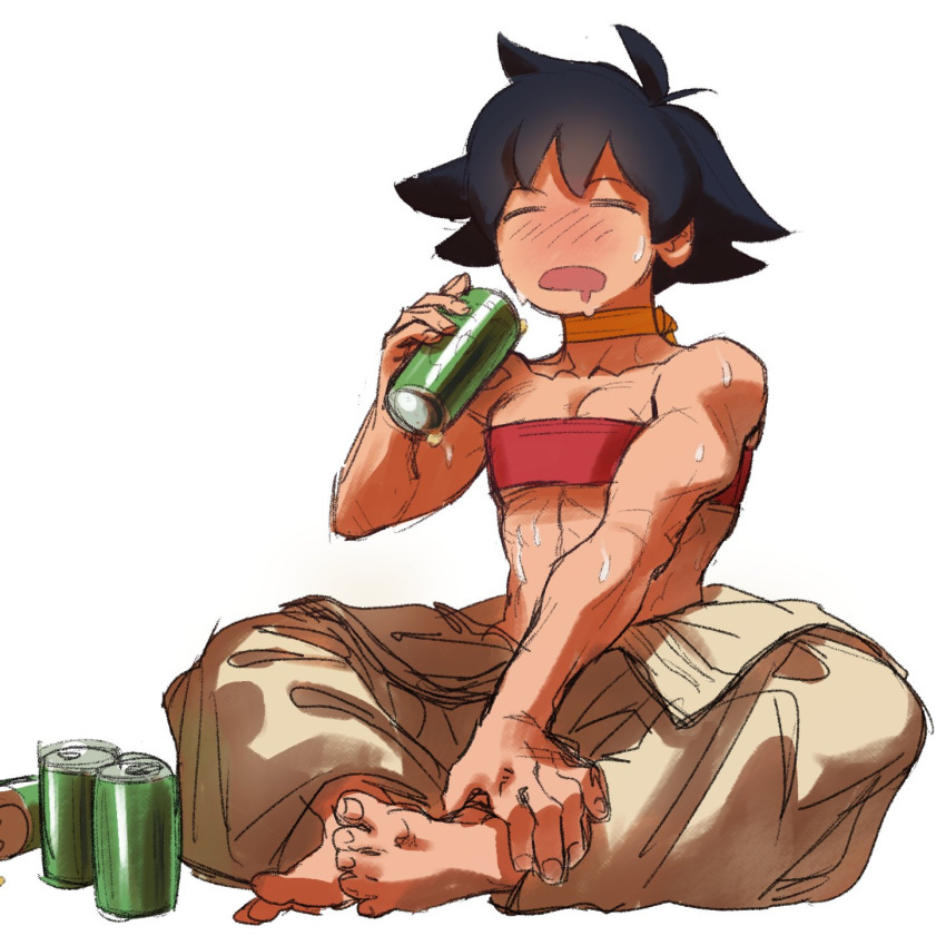 1girl =_= ahoge bare_shoulders barefoot black_hair bra breasts butterfly_sitting can choker cleavage closed_eyes clothes_around_waist collarbone commentary dougi drooling english_commentary full_body hand_on_own_leg highres holding holding_can hot hottochippu knees_apart_feet_together makoto_(street_fighter) mouth_drool muscular muscular_female off_shoulder open_clothes red_bra ribbon_choker short_hair simple_background sitting small_breasts solo strapless strapless_bra street_fighter street_fighter_iii_(series) sweat tan underwear white_background