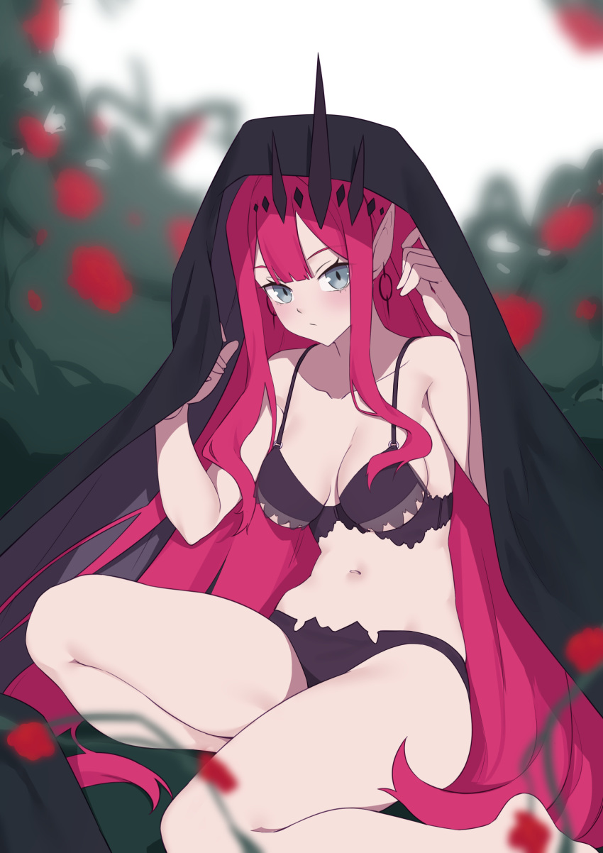 1girl baobhan_sith_(fate) bare_shoulders black_bra black_panties bra breasts cleavage collarbone earrings fate/grand_order fate_(series) grey_eyes highres jewelry jilu large_breasts long_hair looking_at_viewer navel panties pink_hair pointy_ears sidelocks solo thighs tiara underwear