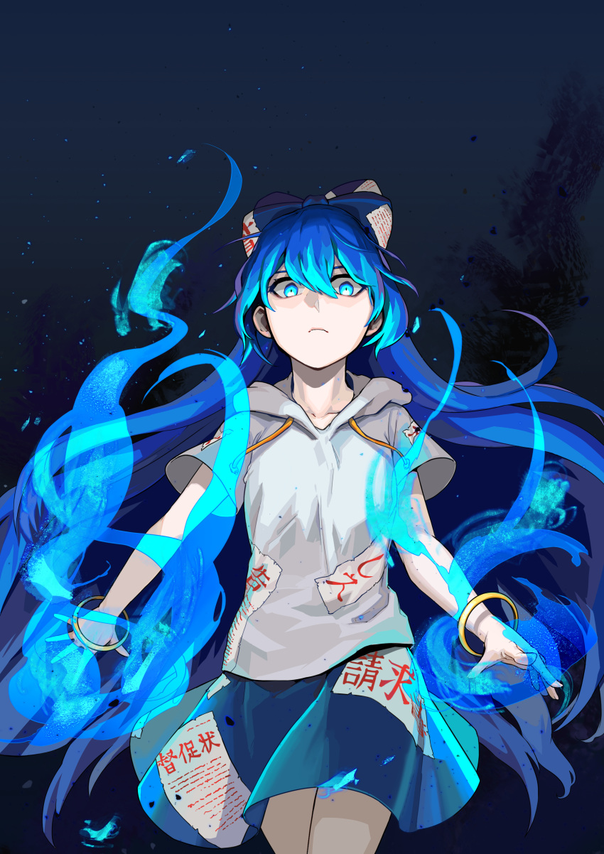 1girl absurdres bangle blue_background blue_eyes blue_fire blue_hair blue_skirt bow bracelet breasts closed_mouth commentary_request cowboy_shot debt embers fire frown glowing glowing_eyes grey_hoodie hair_between_eyes hair_bow highres hood hood_down hoodie jewelry long_bangs long_hair looking_at_viewer looking_down rapo_01 short_sleeves skirt small_breasts solo touhou yorigami_shion