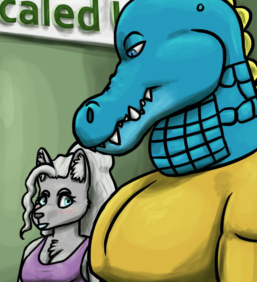 2023 alligator alligatorid anthro azrael_(tertia) azurlligator black_nose blue_body blue_eyes blue_lipstick blue_scales blush breasts bulging_neck canid canine canis chest_tuft cleavage clothed clothing crocodilian digital_drawing_(artwork) digital_media_(artwork) duo eyebrows eyelashes fangs female fur girl_staring_at_man's_chest green_wall grey_body grey_fur grey_hair hair half-closed_eyes hi_res inner_ear_fluff interspecies large_pecs larger_male lips lipstick looking_at_another looking_at_partner looking_down makeup male male/female mammal multicolored_body multicolored_scales muscular muscular_anthro muscular_male narrowed_eyes nathile_tiduna orange_clothing orange_shirt orange_topwear pecs ponytail pupils purple_clothing purple_shirt purple_tank_top purple_topwear reptile scales scalie scutes shirt sign size_difference skywater slit_pupils smaller_female snout tank_top teeth topwear tuft wall_(structure) wavy_hair wolf yellow_scutes