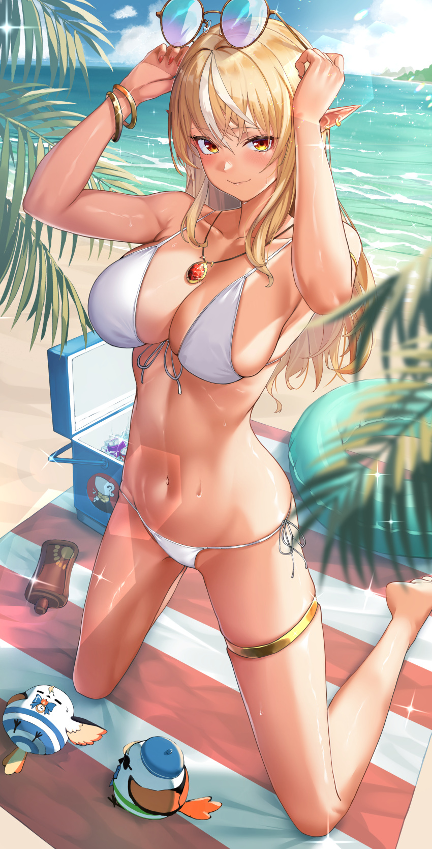 1girl absurdres beach beach_towel bikini bird blonde_hair blue_sky bottle breasts cooler dark-skinned_female dark_elf dark_skin day earrings elf eyewear_on_head full_body glint gold_bracelet highres hololive ice ice_cube innertube jewelry kneeling large_breasts long_hair nail_polish navel ocean orange_eyes outdoors pendant pointy_ears raag_jp red_nails shiranui_flare sky solo stomach sunglasses swimsuit thighlet towel virtual_youtuber white_bikini