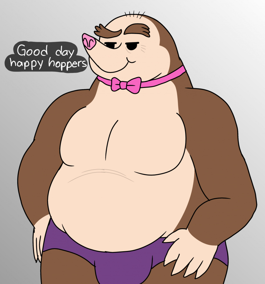 anthro black_eyes bow_tie brown_body chip_and_potato clothing dhx_media eulipotyphlan hi_res male mammal mole_(animal) mr._diggerty musclegut pink_nose purple_clothing purple_speedo purple_swimwear solo speedo swimwear text wolfox90210