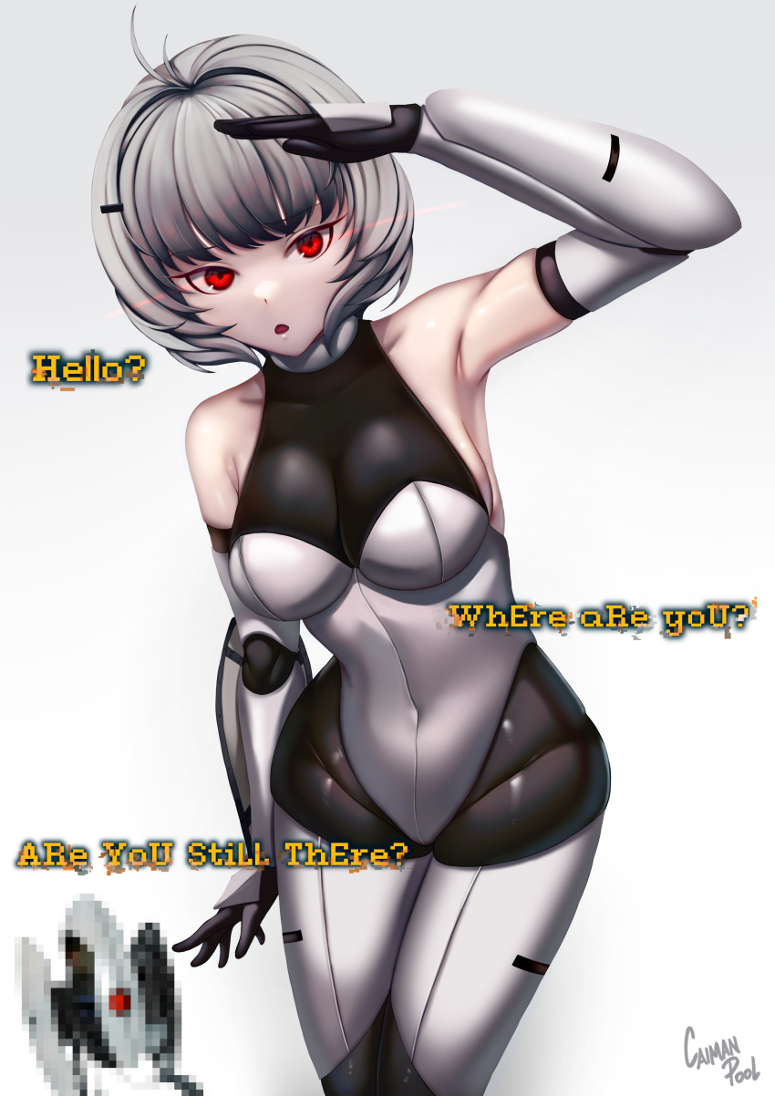 1girl absurdres antenna_hair arm_guards black_bodysuit bodysuit bodysuit_under_clothes breasts caiman_pool censored covered_navel creature_and_personification elbow_gloves english_text gloves grey_hair highleg highleg_leotard highres identity_censor leotard medium_breasts mosaic_censoring personification portal_(series) red_eyes sentry_turret_(portal) short_hair thighhighs white_leotard white_thighhighs