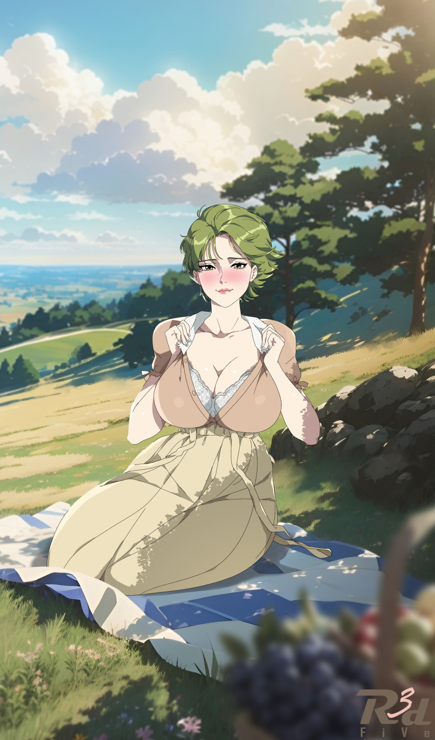 1girl absurdres artist_name blanket blurry blurry_foreground blush bra bra_peek breasts brown_shirt brown_skirt closed_mouth cloud cloudy_sky commentary commission dappled_sunlight day food four_murasame fruit grapes grass green_eyes green_hair gundam high-waist_skirt highres horizon large_breasts looking_at_viewer open_clothes open_shirt opened_by_self outdoors pixiv_commission puffy_short_sleeves puffy_sleeves r3dfive shirt short_hair short_sleeves sitting skirt sky smile solo sunlight tree underwear white_bra zeta_gundam