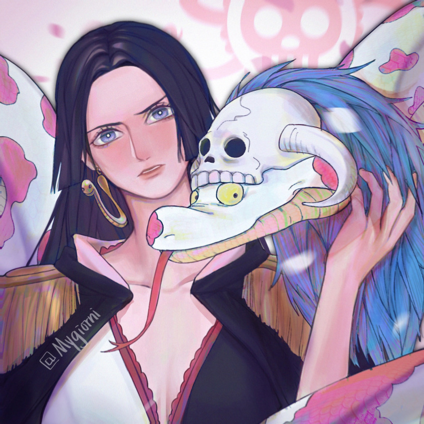 1girl animal artist_name black_hair blue_eyes boa_hancock commentary earrings highres jewelry long_hair looking_at_viewer mygiorni one_piece salome_(one_piece) skull snake snake_earrings solo teeth tongue tongue_out