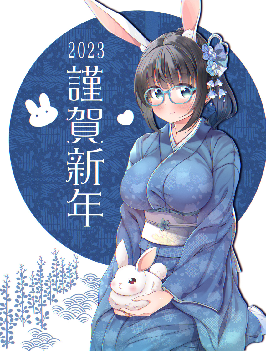 1girl animal_ears black_hair blue-framed_eyewear blue_kimono blush breasts chinese_zodiac closed_mouth glasses highres japanese_clothes kimono large_breasts long_sleeves looking_at_viewer original rabbit rabbit_ears rabbit_girl seiza short_hair side_ponytail sitting smile solo takahero year_of_the_rabbit