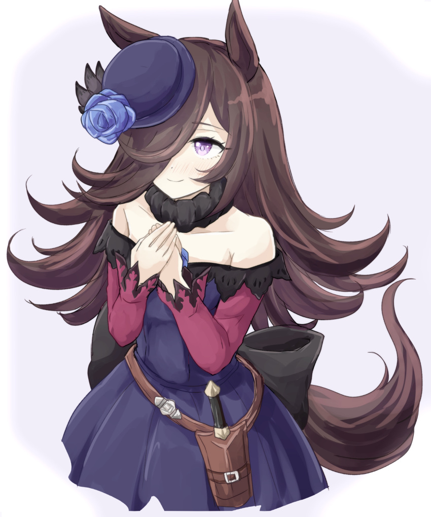 1girl animal_ears back_bow bare_shoulders black_flower black_rose blue_flower blue_rose bow brown_hair commentary_request dagger dress flower fur-trimmed_collar fur_trim hair_over_one_eye highres horse_ears horse_girl horse_tail knife long_hair long_sleeves looking_at_viewer off-shoulder_dress off_shoulder purple_dress purple_eyes purple_headwear rice_shower_(umamusume) rose sangria_(sangria69) sheath sheathed smile solo tail tilted_headwear umamusume weapon white_background