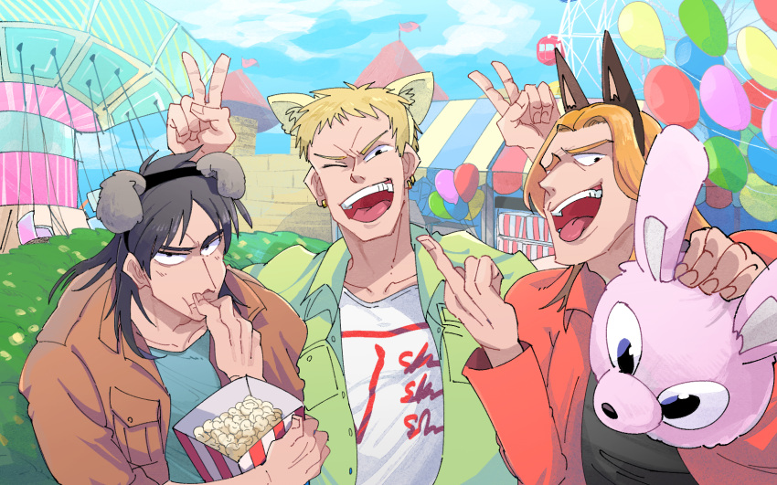 3boys :t animal_ears balloon black_eyes black_hair black_hairband black_shirt blonde_hair blue_shirt blue_sky brown_jacket carnival castle commentary_request day dog_ears double_v earrings eating fake_animal_ears ferris_wheel fingernails food green_shirt hairband highres inudori itou_kaiji jacket jewelry kaiji kitami_(kaiji) long_hair looking_at_viewer male_focus market_stall medium_bangs middle_finger multiple_boys multiple_earrings one_eye_closed open_clothes open_jacket open_mouth outdoors pointy_nose popcorn red_jacket sahara_makoto shirt short_bangs short_hair sky smile stuffed_animal stuffed_rabbit stuffed_toy teeth tongue tongue_out undershirt upper_body upper_teeth_only v white_shirt