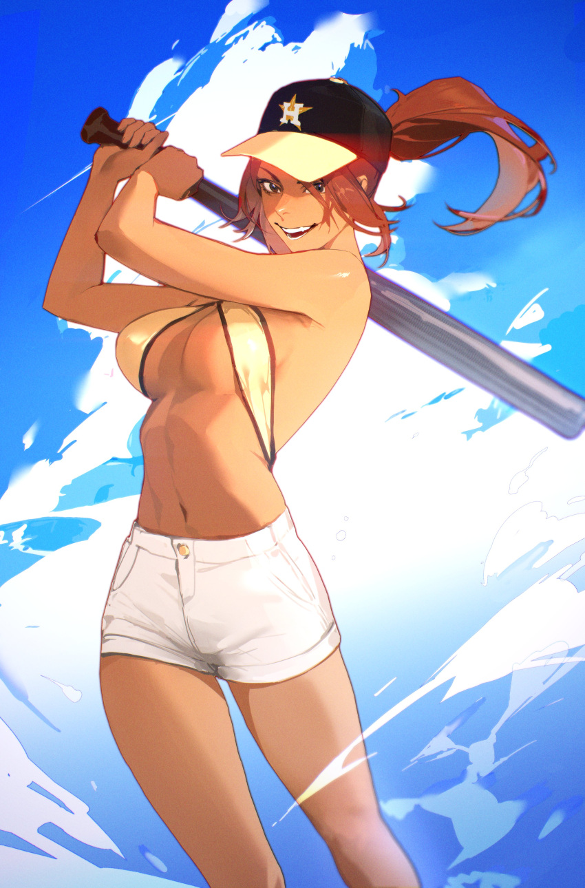 1girl absurdres baseball_bat baseball_cap bikini blue_sky breasts brown_eyes brown_hair cloud dark-skinned_female dark_skin day hat highres holding holding_baseball_bat houston_astros limart major_league_baseball medium_breasts original outdoors ponytail shorts sky solo swimsuit white_shorts yellow_bikini