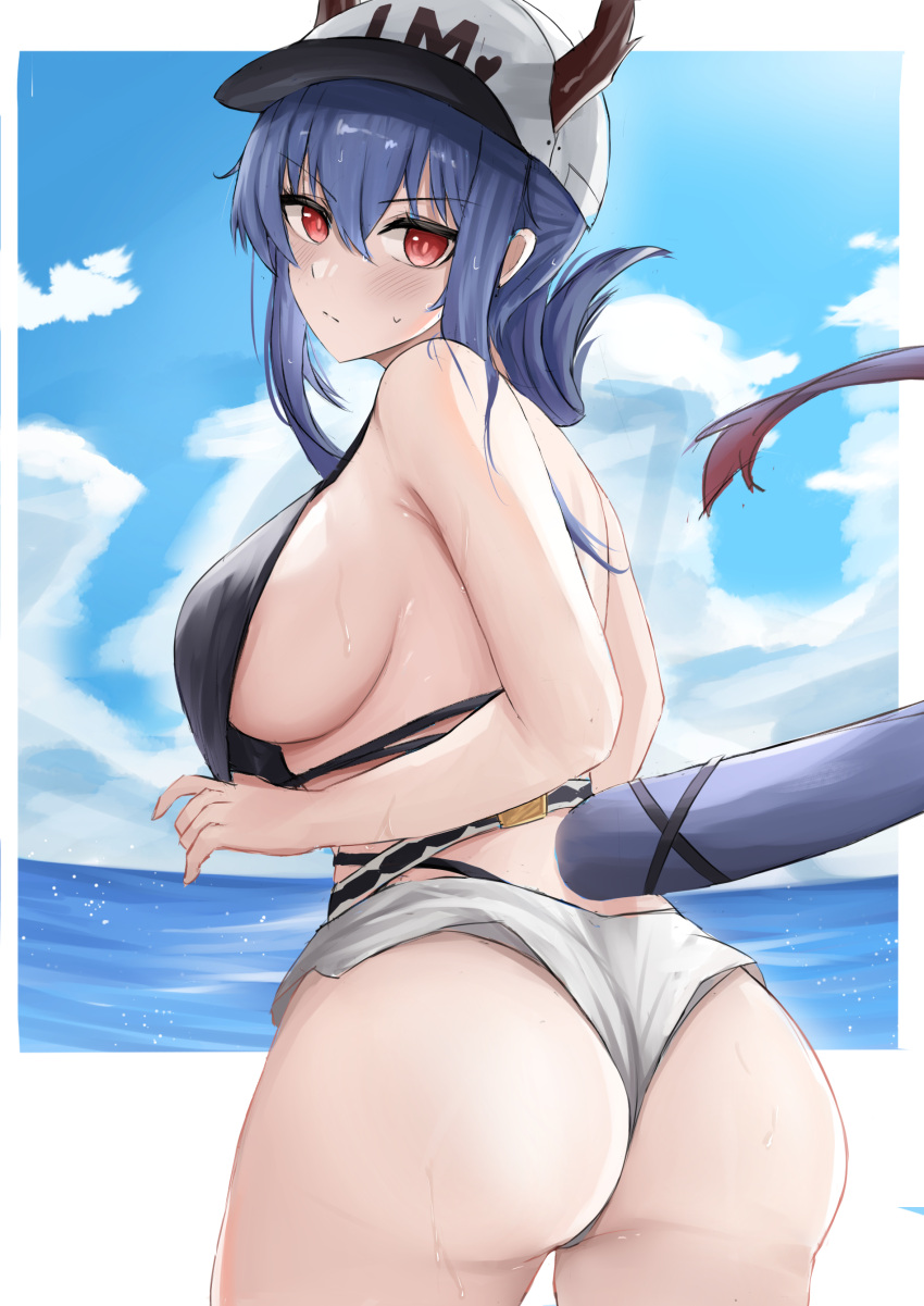 1girl absurdres arknights bare_arms baseball_cap bikini black_bikini blue_hair breasts ch'en_(arknights) closed_mouth cloud cloudy_sky cowboy_shot day dragon_girl dragon_horns dragon_tail english_commentary expressionless female_tourist_c_(arknights) grey_shorts hair_between_eyes hat highleg highleg_bikini highres horns horns_through_headwear large_breasts looking_at_viewer looking_to_the_side nami_(namikare4) ocean outdoors red_eyes short_shorts shorts sky solo standing sweat swimsuit tail white_headwear