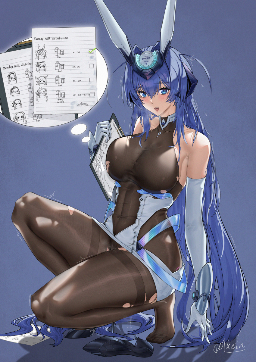 1girl absurdly_long_hair absurdres aegir_(azur_lane) arm_support azur_lane bare_shoulders belfast_(azur_lane) black_footwear blue_background blue_eyes blue_hair blush bodystocking breasts chinese_commentary clipboard clothing_cutout collarbone commentary_request covered_navel dido_(azur_lane) dress elbow_gloves formidable_(azur_lane) full_body gloves hair_between_eyes hair_intakes heavy_breathing high_heels highres holding holding_clipboard large_breasts long_hair looking_at_viewer new_jersey_(azur_lane) open_mouth paper pussy_juice see-through_cleavage shadow shoes side_cutout sidelocks signature single_shoe sirius_(azur_lane) solo squatting st._louis_(azur_lane) taihou_(azur_lane) torn_bodystocking torn_clothes trembling vambraces very_long_hair volkein white_dress white_gloves