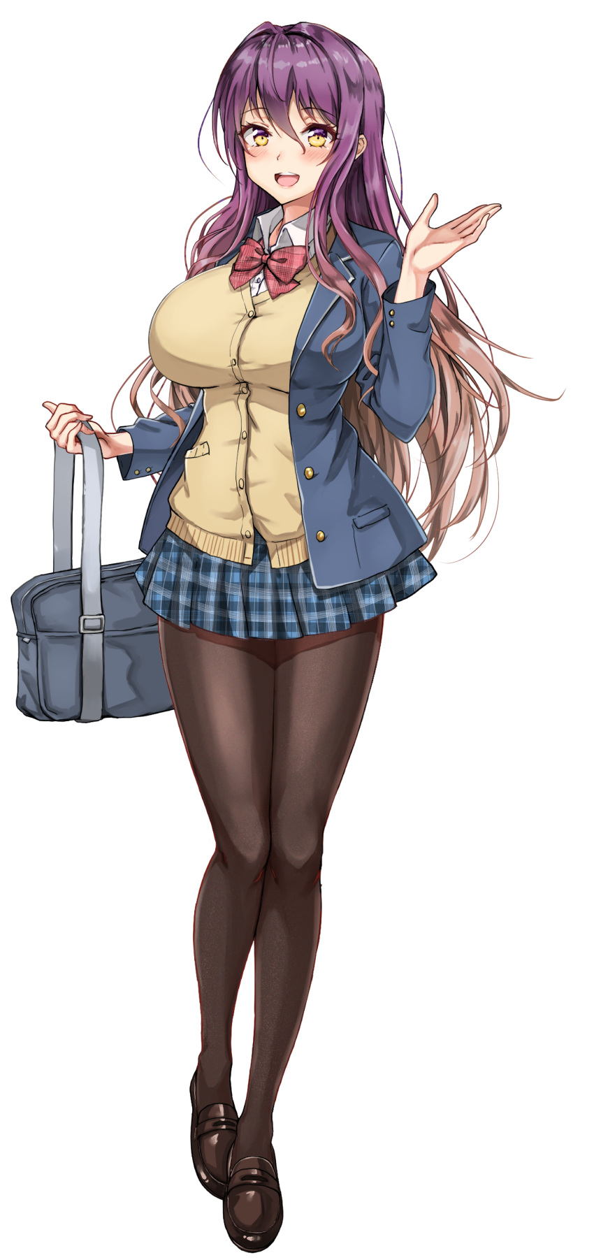 1girl :d absurdres alternate_costume amagi_(amagi626) bag black_leggings blazer blue_jacket blue_skirt blush bow bowtie breasts brown_hair brown_shirt carrying_bag full_body gradient_hair hand_up handbag highres hijiri_byakuren jacket large_breasts leggings legs loafers long_hair looking_at_viewer miniskirt multicolored_hair no_socks open_mouth plaid plaid_bow plaid_skirt purple_hair red_bow red_bowtie school_uniform shirt shoes simple_background skirt smile solo standing sweater sweater_vest touhou two-tone_hair wavy_hair white_background yellow_eyes